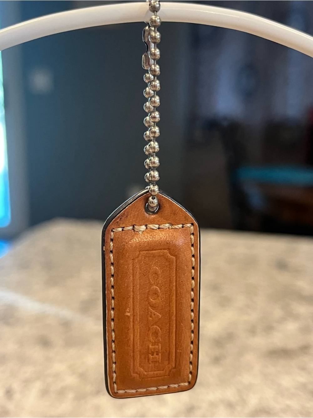Coach Mini Leather Tag in Saddle Brown with Silver Chain